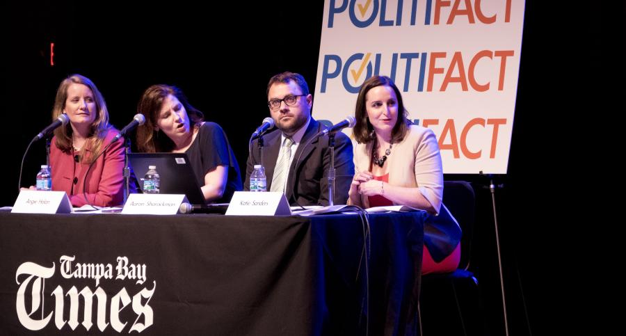 The staff of PolitiFact speaking at an event in St. Petersburg, Fla., in March 2016. (Boyzell Hosey/Tampa Bay Times)