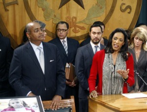 Texas Democratic lawmakers offered their own take on the State of the State after Gov. Rick Perry's speech Tuesday. From left are: Sen. Rodney Ellis, Rep. Jessica Farrar, Sen. Jose Rodriguez, Rep. Joaquin Castro, Rep. Dawnna Dukes and Sen. Wendy Davis.