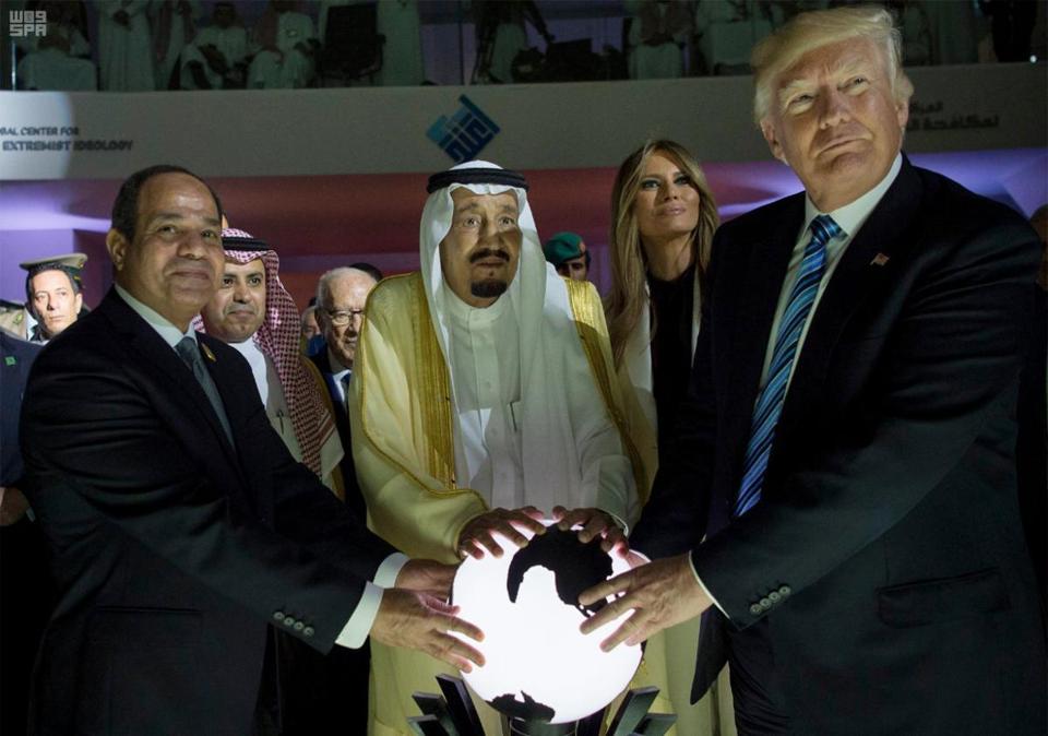 Egyptian President Abdel Fattah al-Sissi, Saudi Arabian King Salman, and President Donald Trump attend the opening ceremony for the Global Center for Combating Extremist Ideology in Saudia Arabia in May 2017. (Saudi Press Agency)