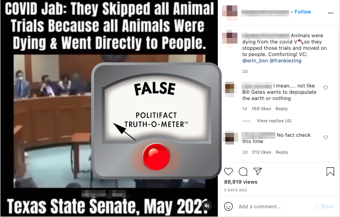 PolitiFact | Instagram post falsely claims COVID-19 vaccines 'skipped all  animal trials'