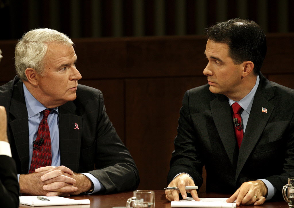Scott Walker and Tom Barrett faced off in a second gubernatorial debate, at Marquette University Law School, on Oct. 15, 2010. Journal Sentinel file photo.