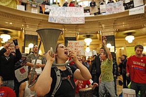 Protestors demonstrating inside Wisconsin's Capitol.