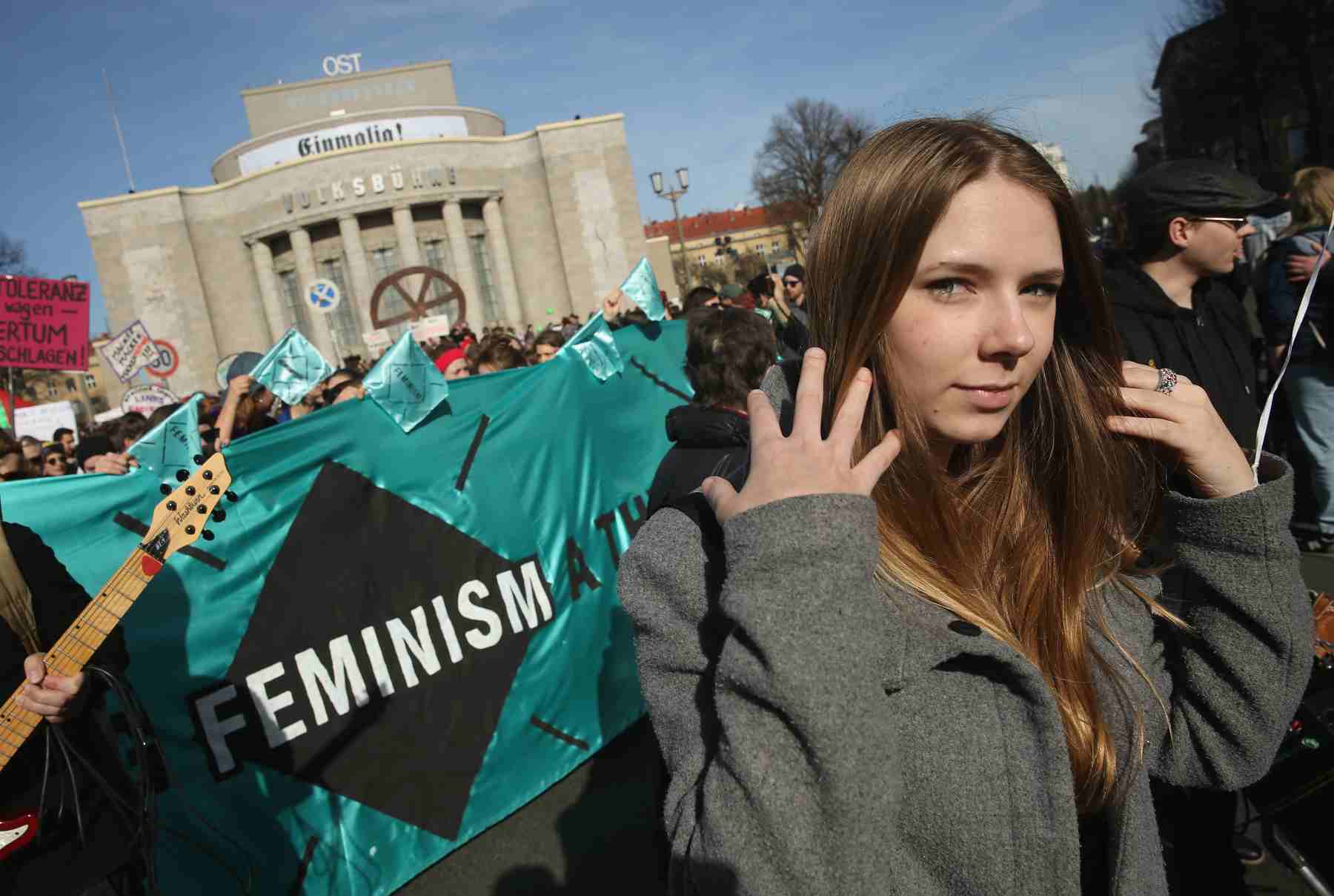 Marchers in Berlin, Germany, celebrate International Women's Day on March 8, 2015. (Getty)